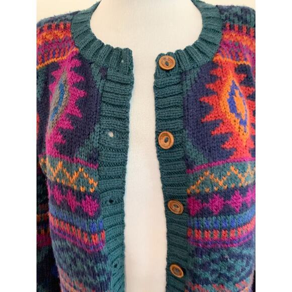 Y2K VTG Nomadic Traders Cardigan Sweater Geometric Aztec Knit Boho Wool Peru - Picture 7 of 15